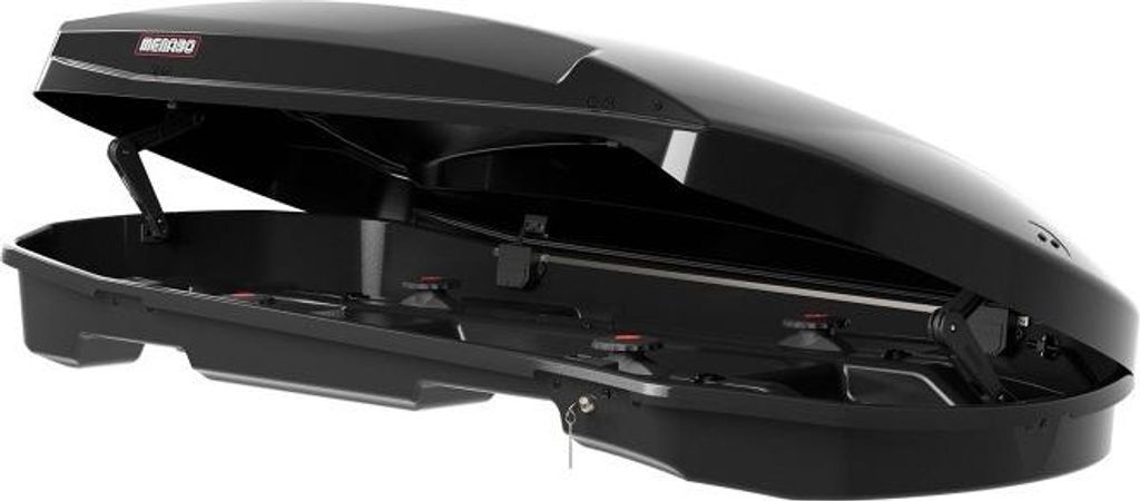 Menabo | Dachbox - 550 L - Schwarz - 198x94x36 cm - Tragfähigkeit 75 kg - Beidseitiges Öffnen - Befestigung mit U-Halterungen