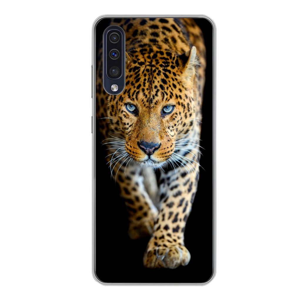 MuchoWow Handyhülle Schutzhülle Hülle für Samsung Galaxy A50 Leopard - Tiere - Porträt - Wildtiere - Schwarz Silikon Softcase Handy Hülle -...