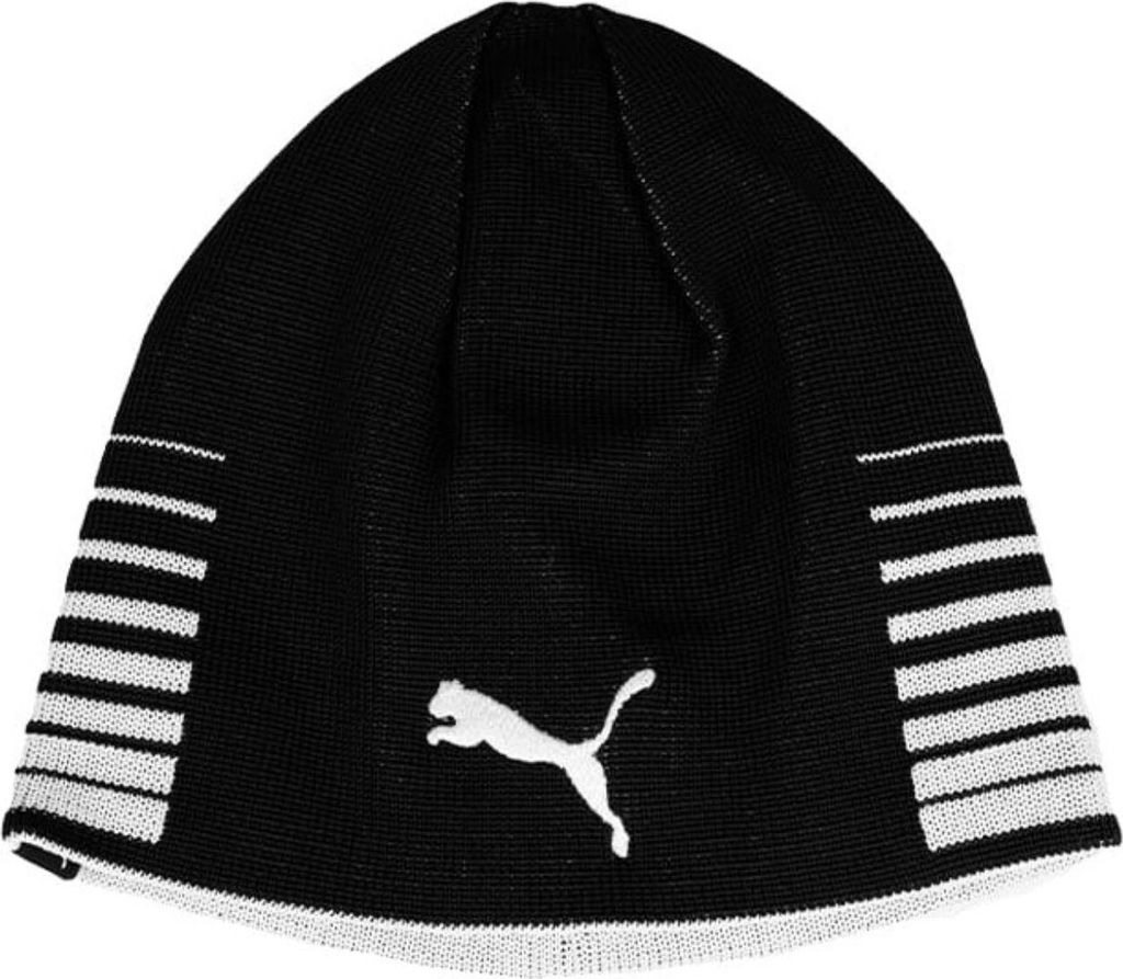 A black Puma beanie with white accents and a white Puma logo.