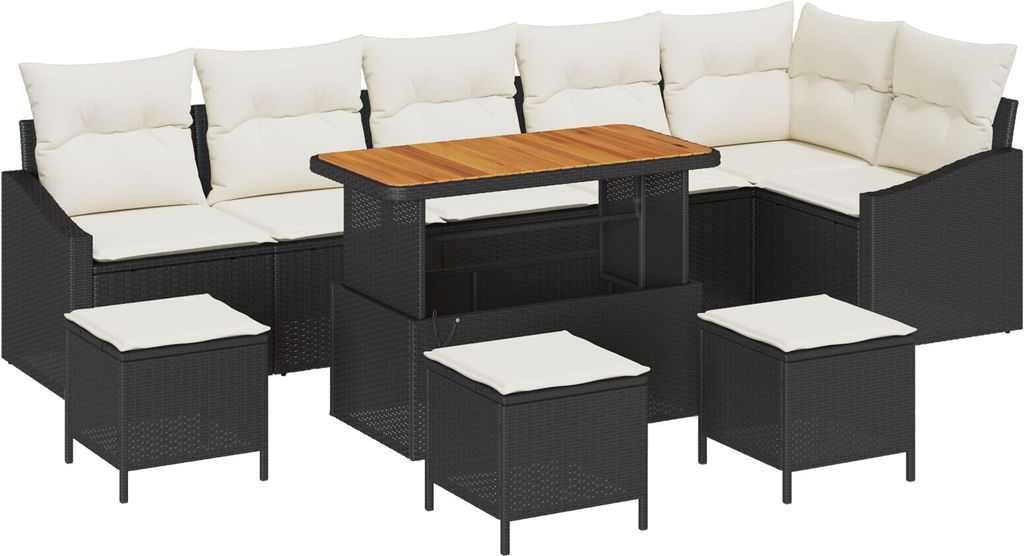 Möbel 10-teiliges Garten-Sofa-Set mit Kissen Schwarz Poly Rattan Akazie, 2-Sitzer Garten-Sofa mit Kissen Schwarz Poly Rattan, 4-teiliges Garten-Di...