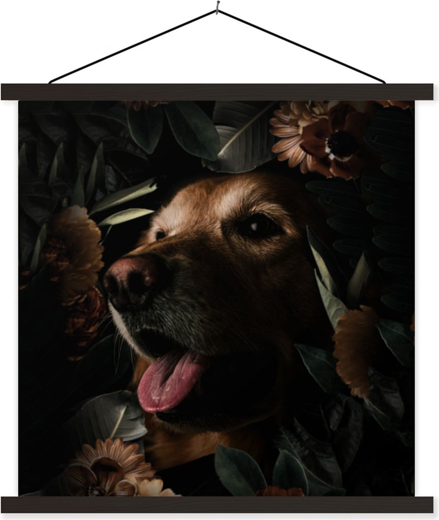 MuchoWow Textilposter Hund - Blumen - Botanisch 60x60 cm mit schwarzem Rahmen - Posteraufhänger