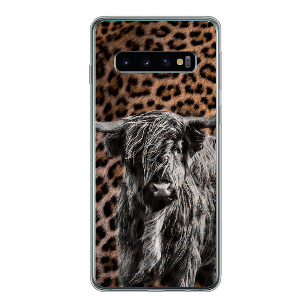 MuchoWow Handyhülle Schutzhülle Hülle für Samsung Galaxy S10 Schottischer Highlander - Pantherdruck - Schwarz - Weiß Silikon Softcase Handy ...