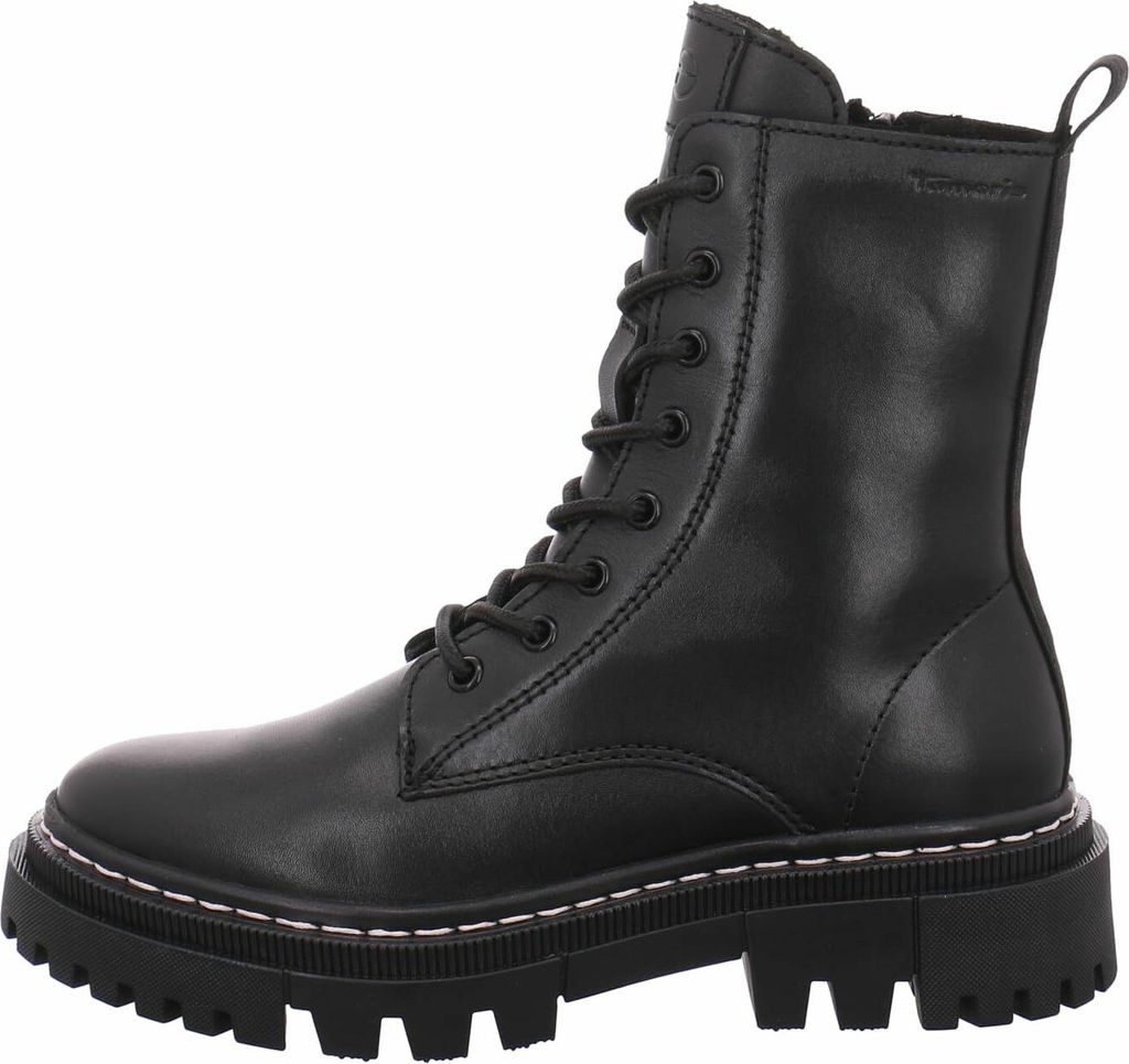 A black lace-up boot with a thick sole, shown from the side against a white background.