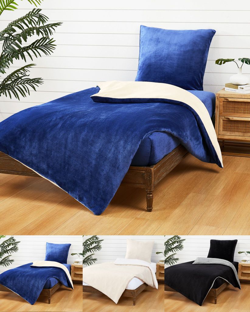 JACK Teddy Flausch 135x200cm Wende Bettwäsche Uni Plüsch Cashmere Touch Weiß Creme Blau Schwarz Grau Warm, Farbe:Blau/Creme