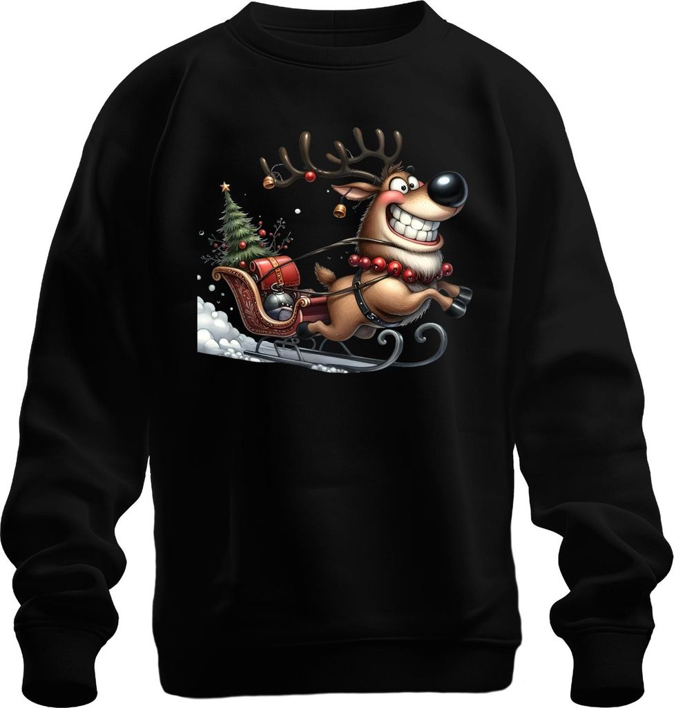 Lustiges Rentier Schlitten Weihnachten Geschenk Retro Uni Sweatshirt Pullover, Schwarz, M