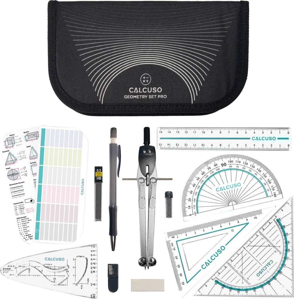 CALCUSO Geometrie Set PRO – Schwarzes Mäppchen mit Zirkel, Produktbild 