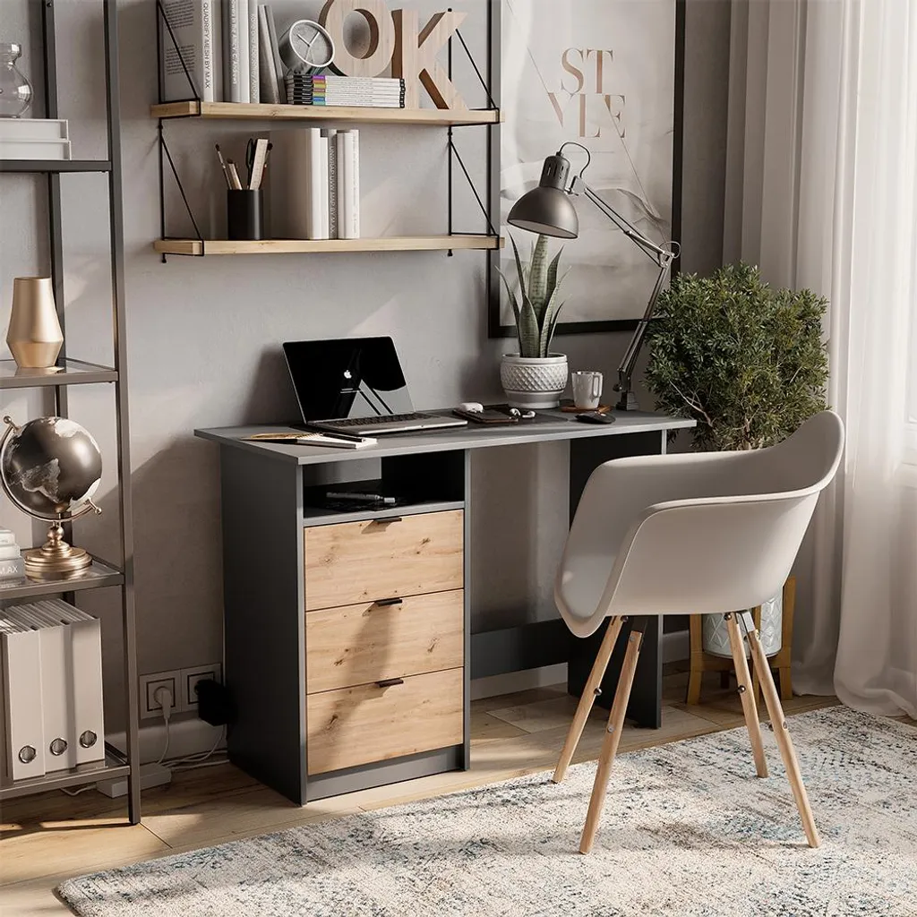 Bureau Vicco Meiko robuste en bois Artisan et Anthracite avec tiroirs