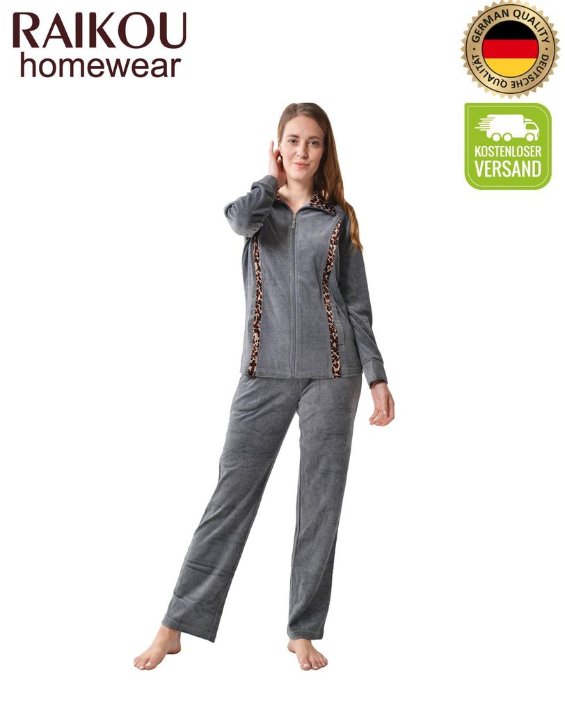 RAIKOU Damen Hausanzug Schlafanzug Baumwolle Freizeitanzug Nicki Velours Jogging anzug mit Reißverschluss und Leo Grau Melange 36/38