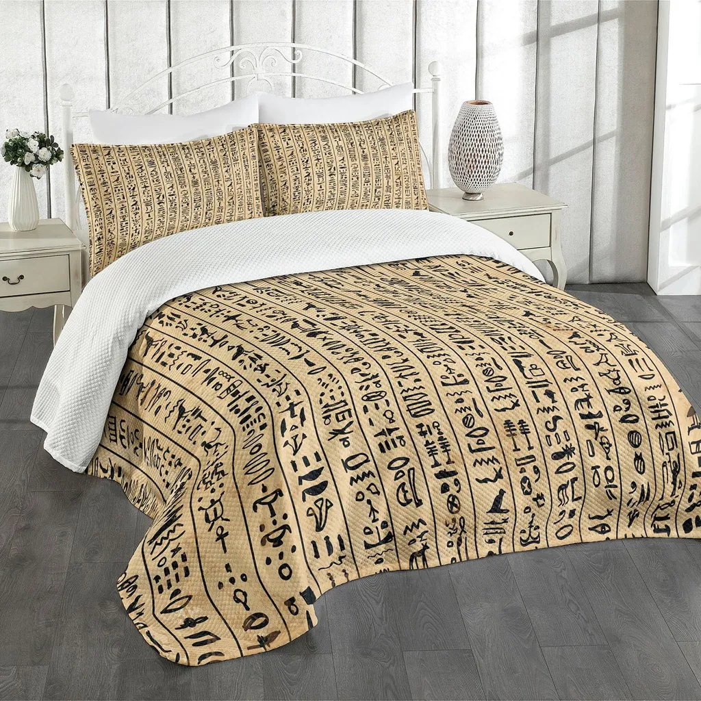 ABAKUHAUS Set copriletto egiziano, antico motivo geroglifico su strisce archeologiche storiche, 220 x 220 cm, sabbia marrone nero