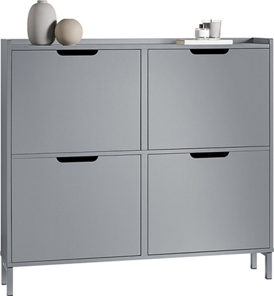 A gray shoe cabinet with four flip-down doors is shown against a white background.