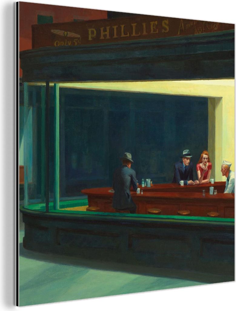 MuchoWow Wanddekoration Metall Metallbild Wandkunst 90x90 cm Nighthawks - Edward Hopper MuchoWow Aluminium Gemälde - Dekoration - Industrial - Metall