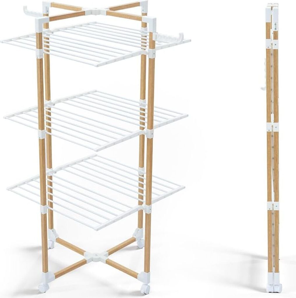 A three-tiered drying rack with wooden supports and white wire shelves, shown from the front and side.