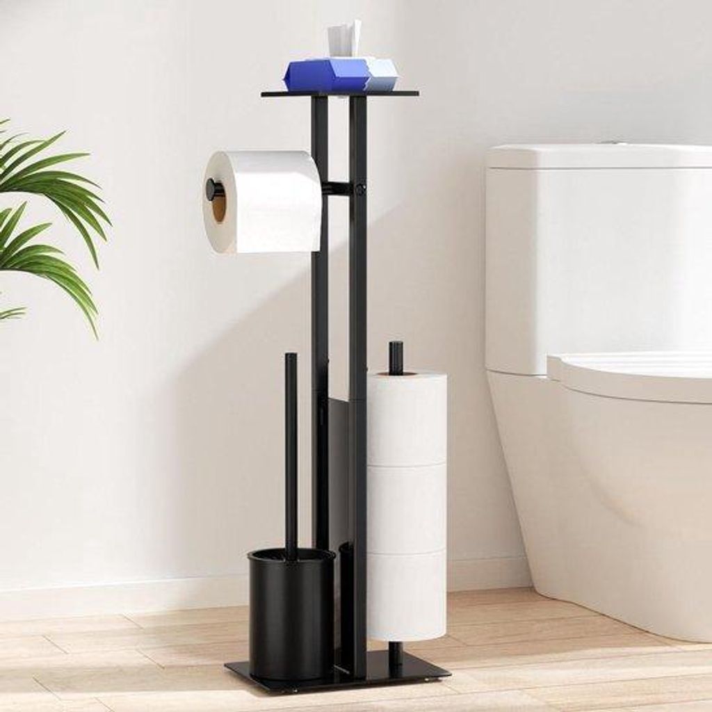 Staande WC-Rollenhalter mit Glasplatte - Matzartiger Stahl - WC-Rollenhalter mit WC-Bürste und feuchten Tüchern