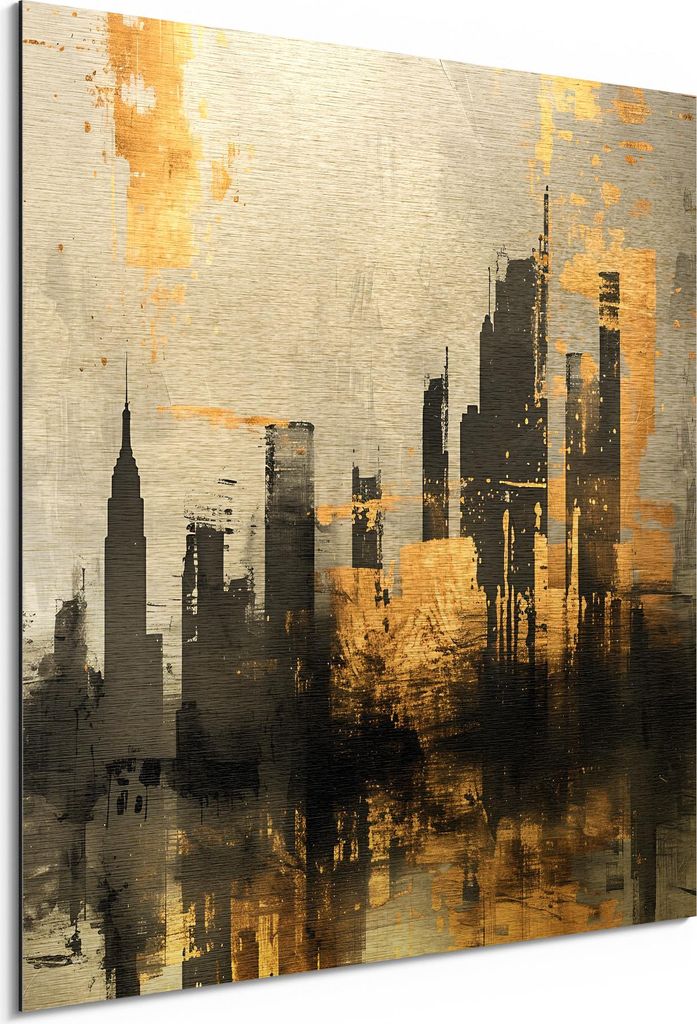 DEQORI Alu-Dibond Bild Gold 30x30 cm 'Goldene Skyline-Reflexion' Wandbild Metall dünn