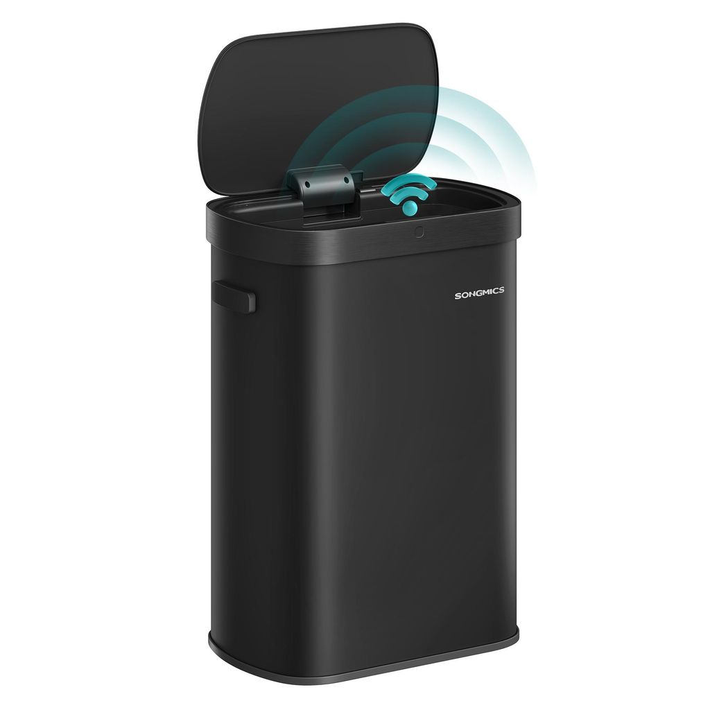 A black sensor trash can with its lid open, showing a Wi-Fi symbol and radiating waves.