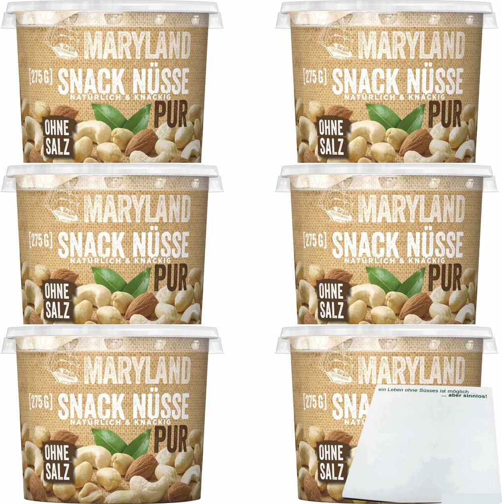 Maryland Snack Nüsse ungesalzen 6er Pack (6x275g Dose) + usy Block