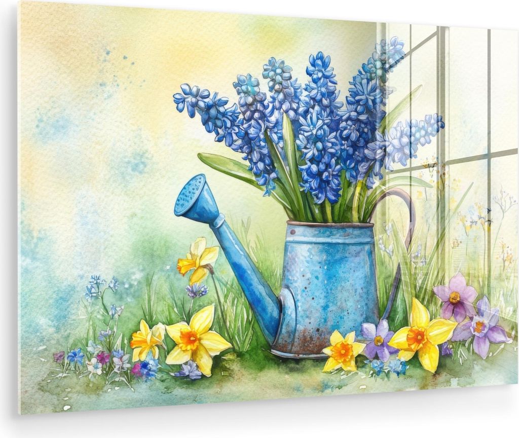 MuchoWow Glasbilder - Bilder auf Wandbild - Foto auf Glas Gießkanne - Lavendel - Blüten 60x40 cm Wanddekoration aus Glas - Acrylglasbild - Acrylb...