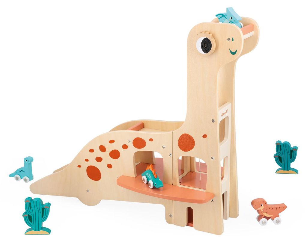 Janod Holz Dino Garage - Spielzeug für Dinosaurierfans -Holz