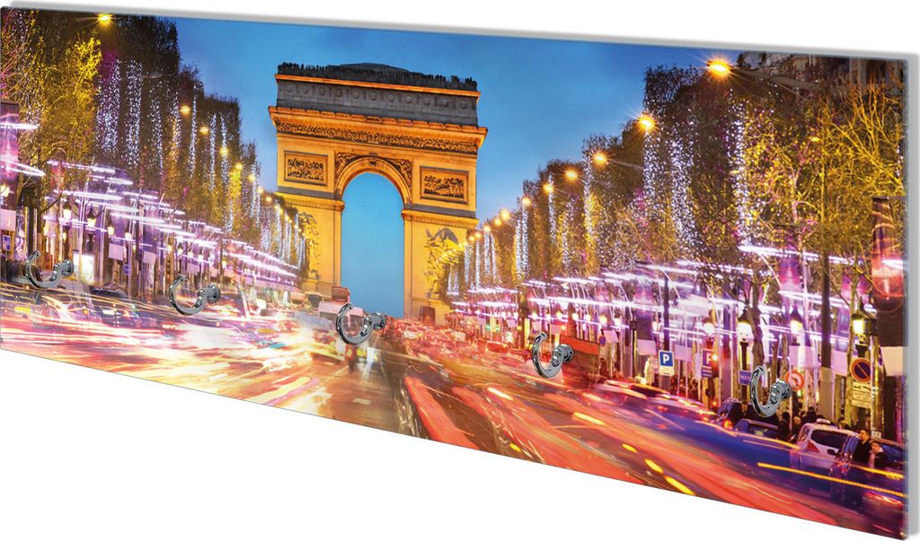 Wallario Flurgarderobe Wandgarderobe aus Glas, mit 5 Haken, Größe 80 x 30 cm, Motiv Arc de triomphe in Paris bei Nacht