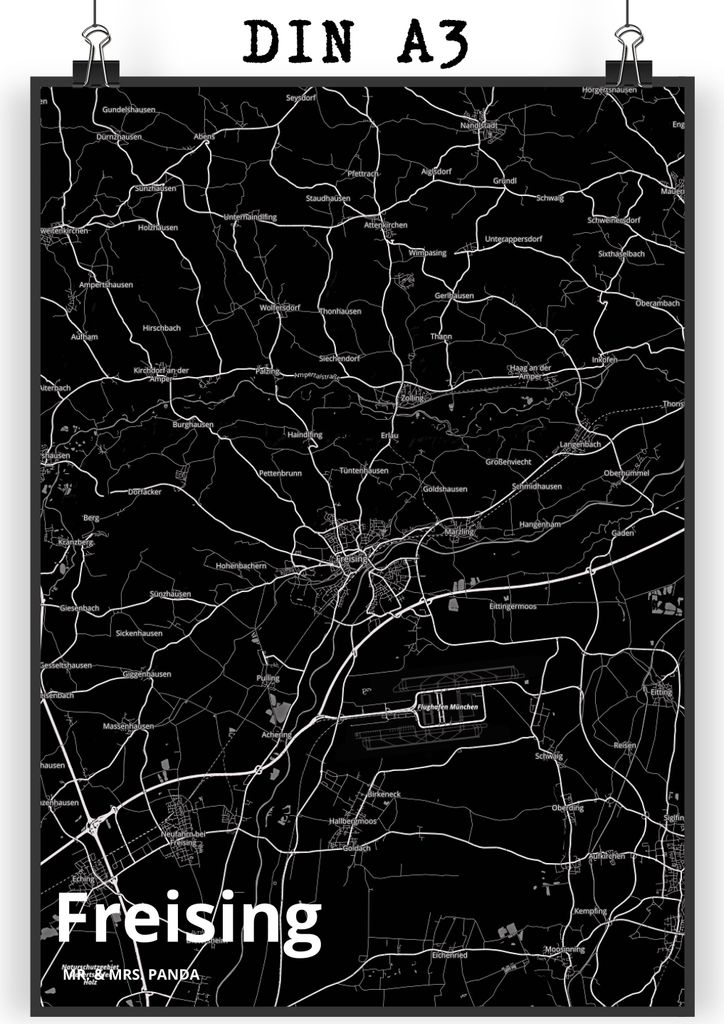 Mr. & Mrs. Panda Bild Freising DIN A3 - Geschenk, Deko, Wandbild, Stadt, wanddeko, drucke, Dorf Karte Landkarte Map Stadtplan, Kunstdruck