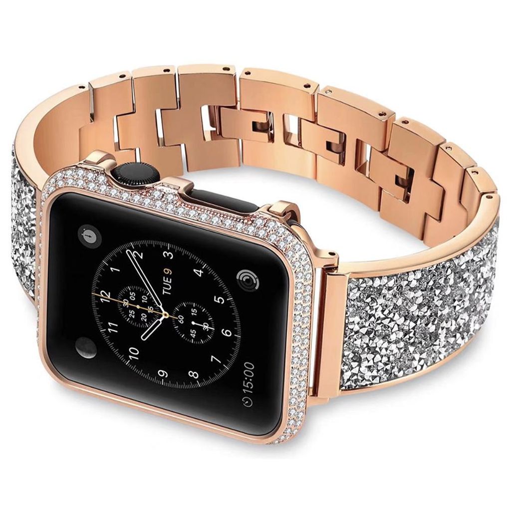 FFO2World Luxus-Metallarmband für Apple Watch 38–42 mm (Serie 1–11, SE) – Funkelndes, gebogenes Armband mit Strasssteinen – Roségold
