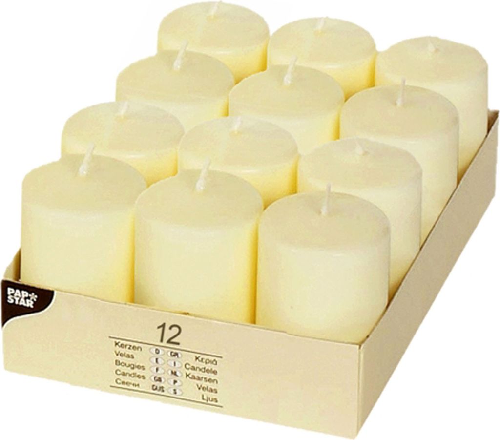 Papstar Stumpenkerzen Ø 40 mm · 60 mm elfenbein "Ivory" mit Flachkopf, 6 x 12 Stück