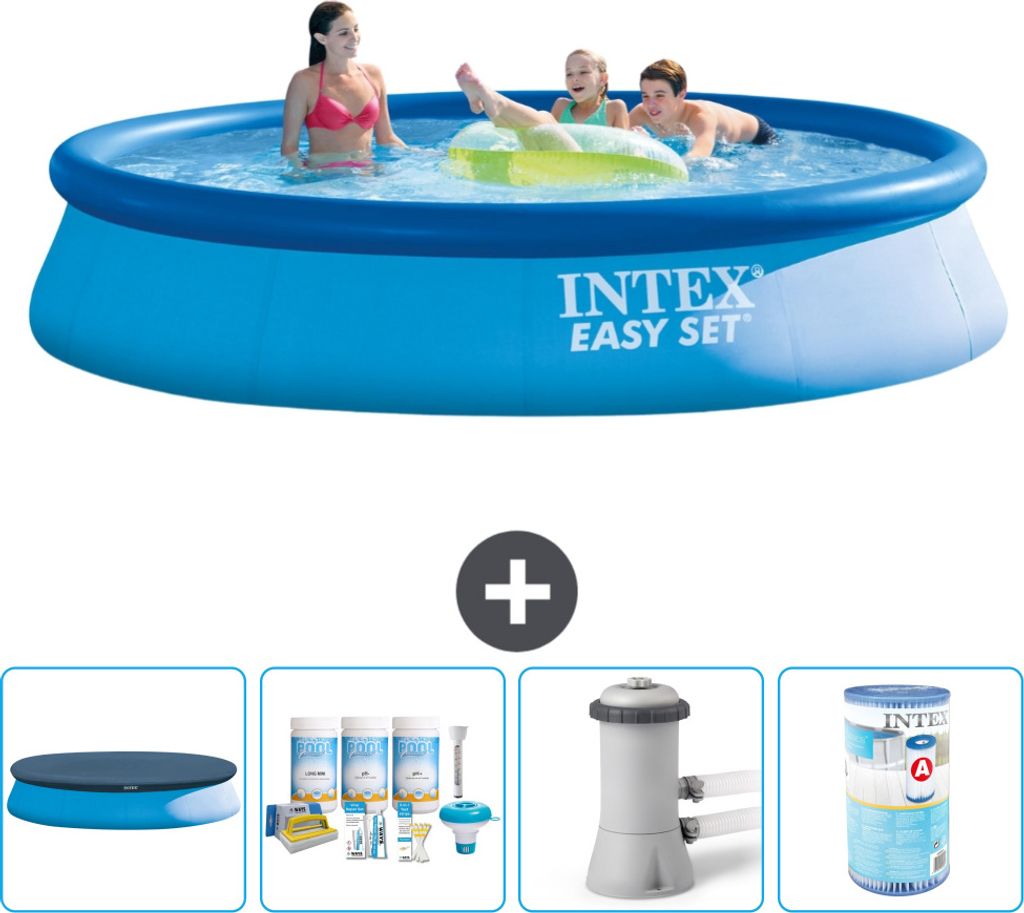 Intex runder aufblasbarer Easy Set-Pool – 396 x 84 cm – Blau – im Lieferumfang enthalten Abdeckung - Wartungspaket - Filterpumpe für Schwimm...