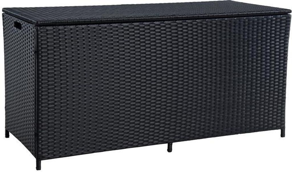 A black polyrattan storage box with a lid, shown from the front on a white background.