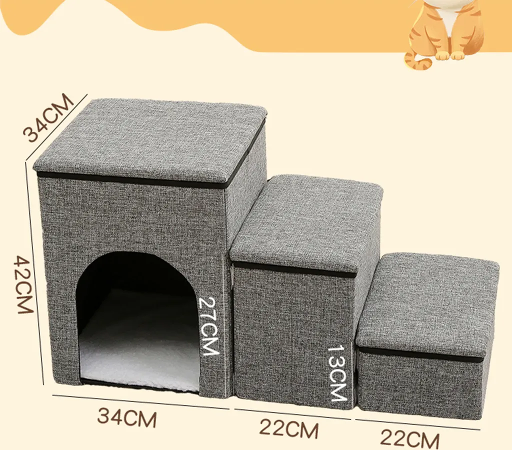 Scala per animali domestici, scala pieghevole per cani, comoda e resistente, scala di design 3 in 1 con spazio di archiviazione e casetta per animali domestici, scala per animali domestici a 3 gradini, rampa antiscivolo per cani, grigio - 2