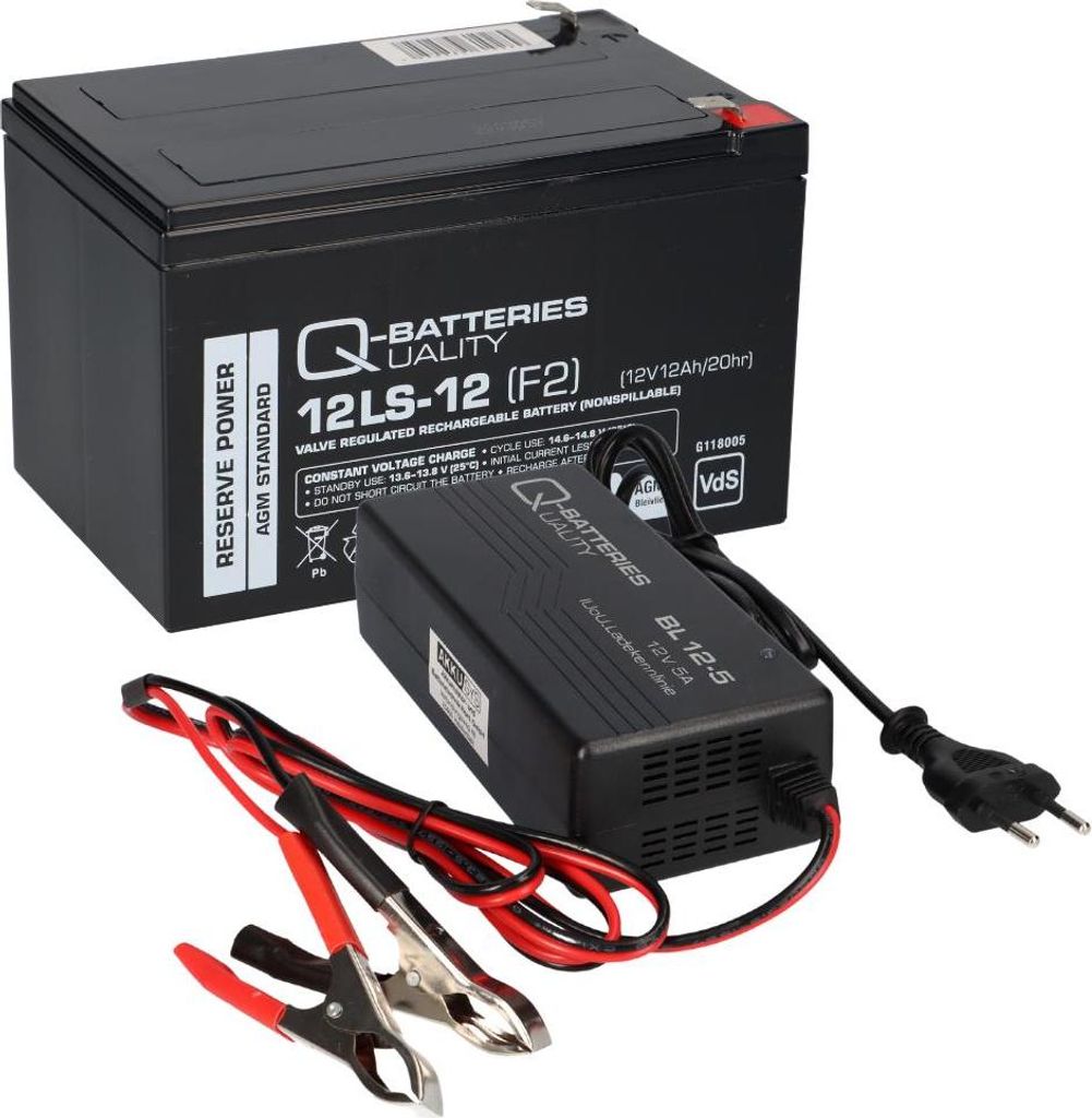 Bleiakku 12V 12Ah + Ladegerät 5A kompatibel 14Ah 15Ah AGM Bleigel QB
