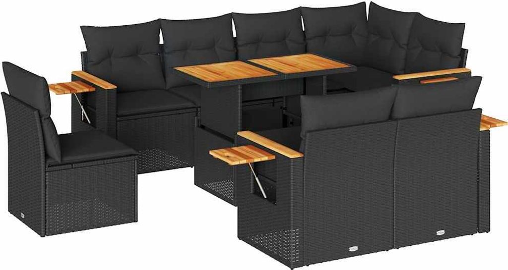 9-tlg. Garten-Sofagarnitur mit Kissen Schwarz Poly Rattan