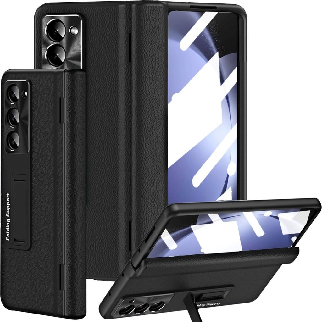 Handyhülle für Samsung Galaxy Z Fold 6 Leder Hülle mit Scharnierschutz, integriertem Glas Displayschutz und Ständer Schwarz