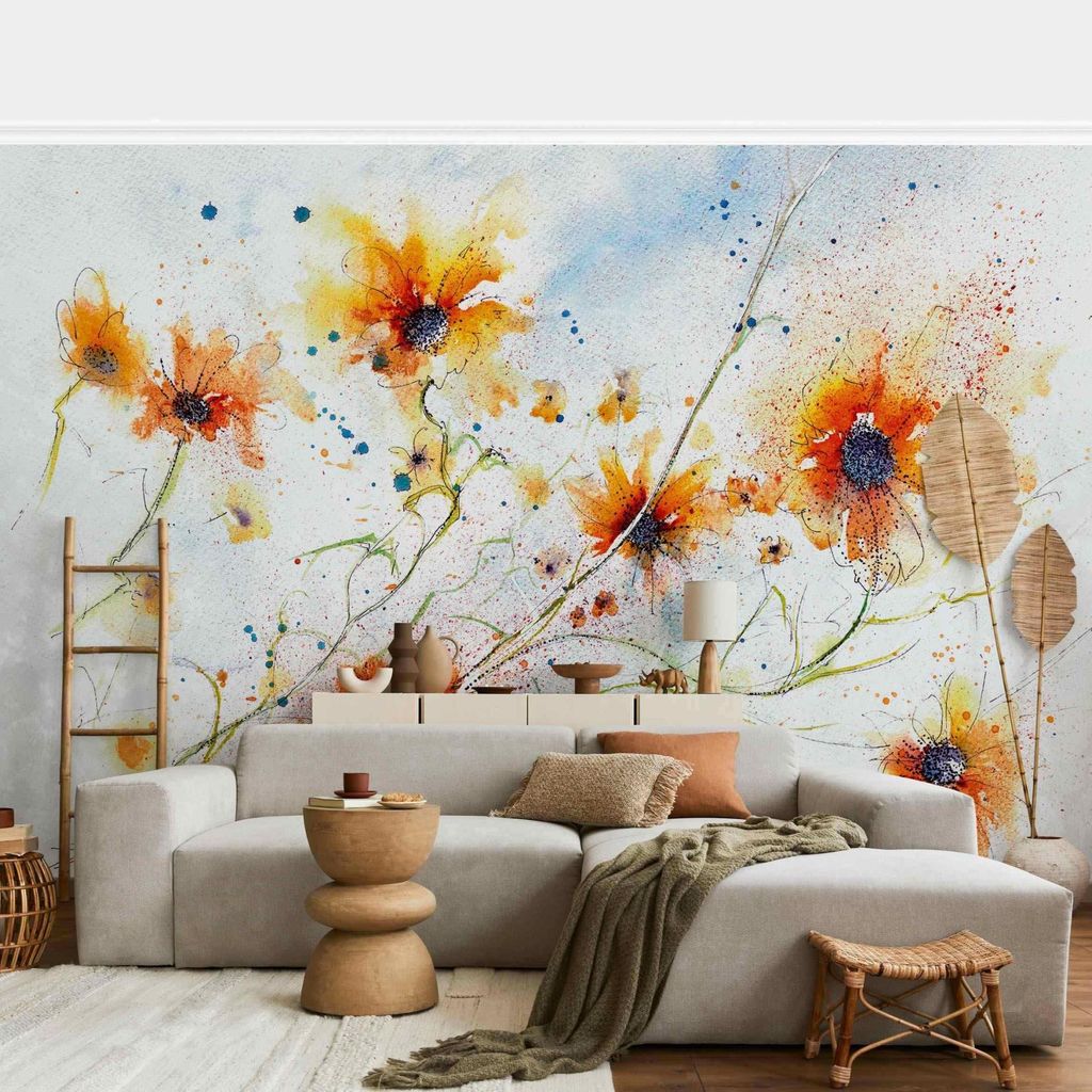 Fototapete Blumen - Vliestapete - Bildtapete UV-beständig Design orange Wandtapete geruchsfrei