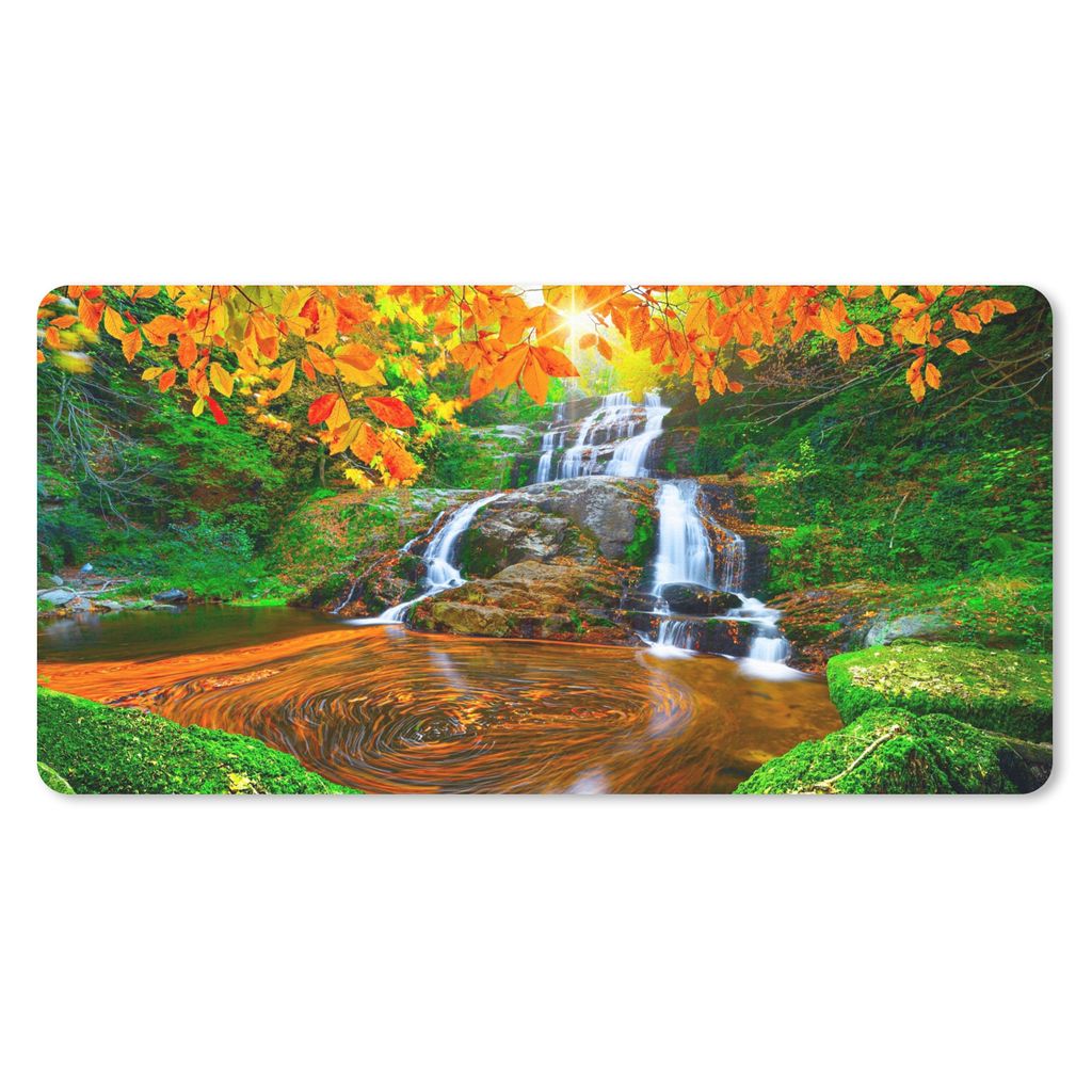MuchoWow Schreibtischunterlage Natur - Wasserfall - Steine - Moos - Blätter - Grün 80x40 cm - XXL Mauspad - Gaming Mauspad