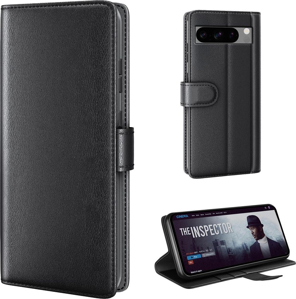 Echtleder Handyhülle für Google Pixel 8 Pro Lederhülle Cover Case Tasche Klapphülle Fliphülle Leder Hülle Farbe: Schwarz