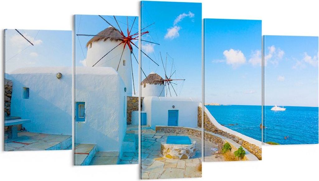 Bild auf Leinwand - Leinwandbild - Griechenland Insel Küste Haus - 160x85cm - Wand Bild - Wanddeko - Leinwanddruck - Bilder - Kunstdruck - Wanddek...