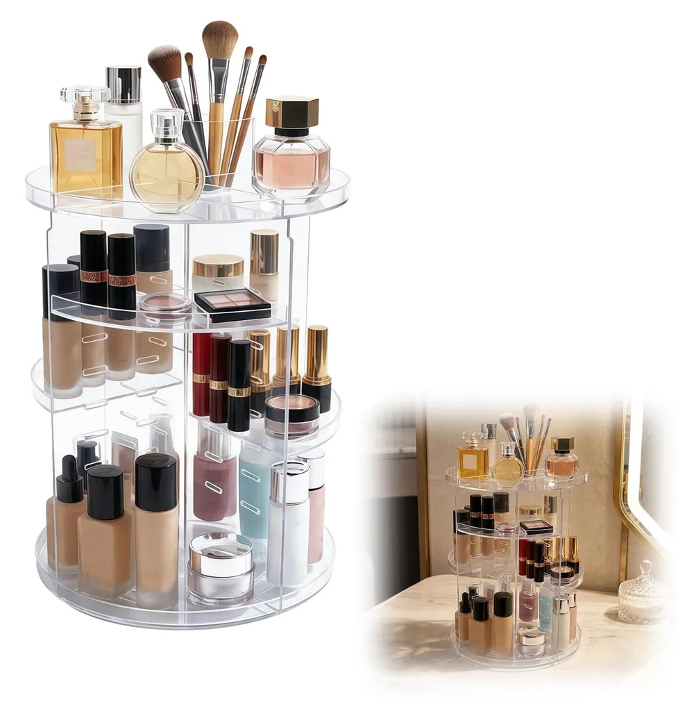 Rangement maquillage rotatif en acrylique transparent pour coiffeuse
