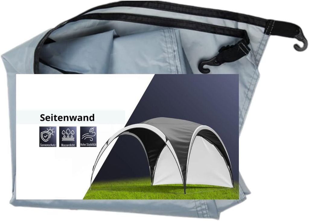 A partially unrolled tent side wall with a graphic overlay showing a gazebo and feature icons.