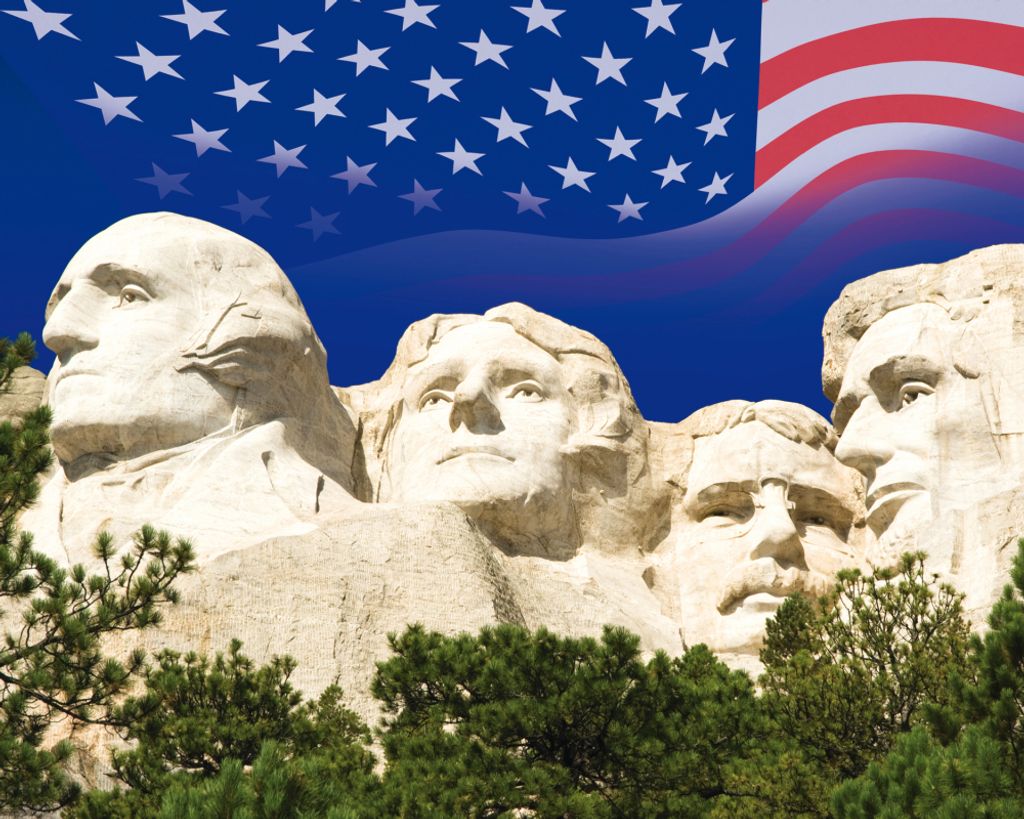 USA Kunstdruck Bild - Mount Rushmore National Memorial, USA Flagge (40 x 50 cm)