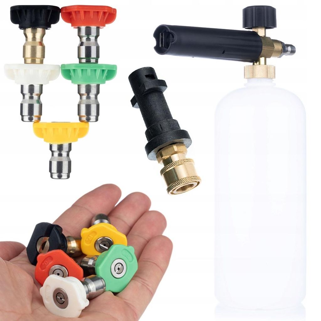 Kärcher K2-K7 Hochdruckreiniger-Set | Bajonettanschluss 1/4" + 5 Düsen 0°/15°/25°/40°/Seife + 1-Liter-Schaummittel mit Lanze | 200 bar