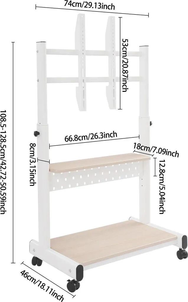 Support TV mobile blanc sans perçage, pied de sol réglable sur roulettes