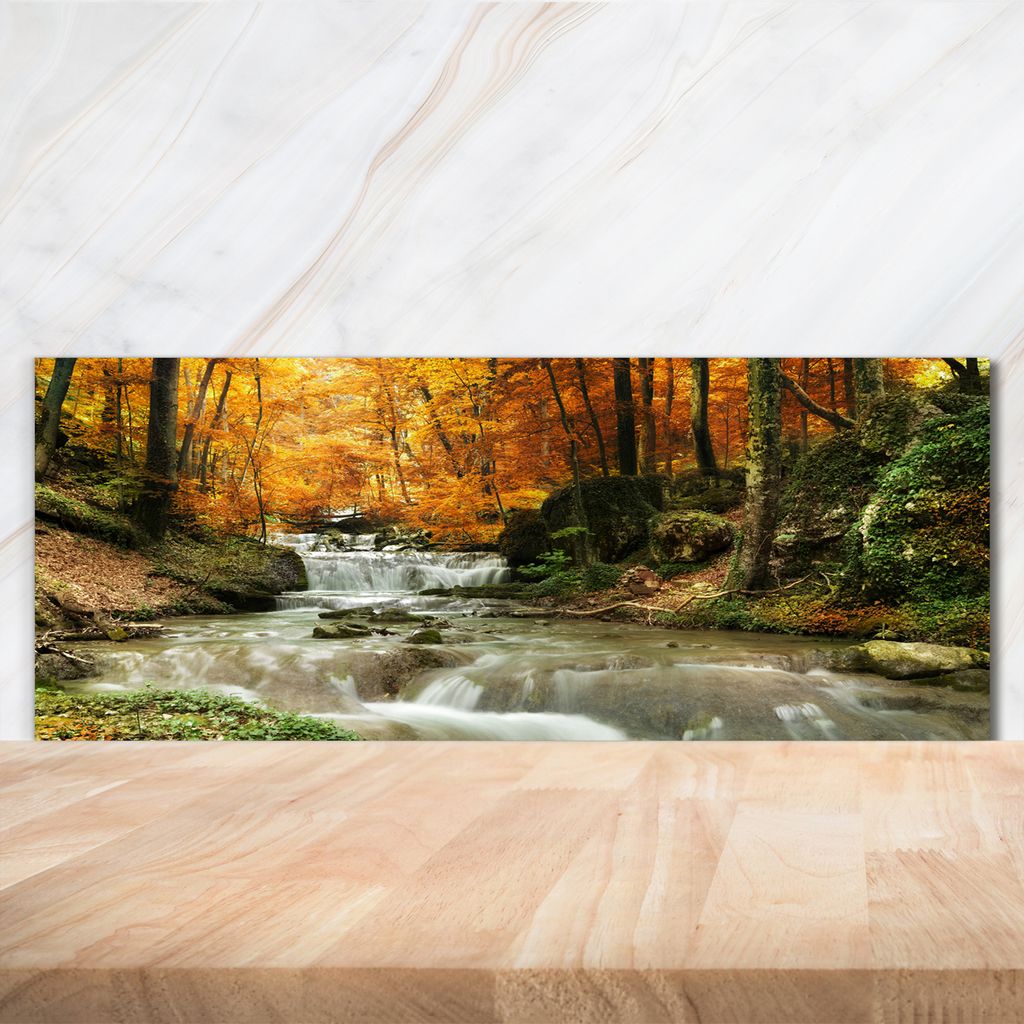 Tulup Küchenrückwand Spritzschutz aus Glas -125x50 -Spritzschutz auf gehärtetes Glas Deko Landschaften Wasserfall im Wald