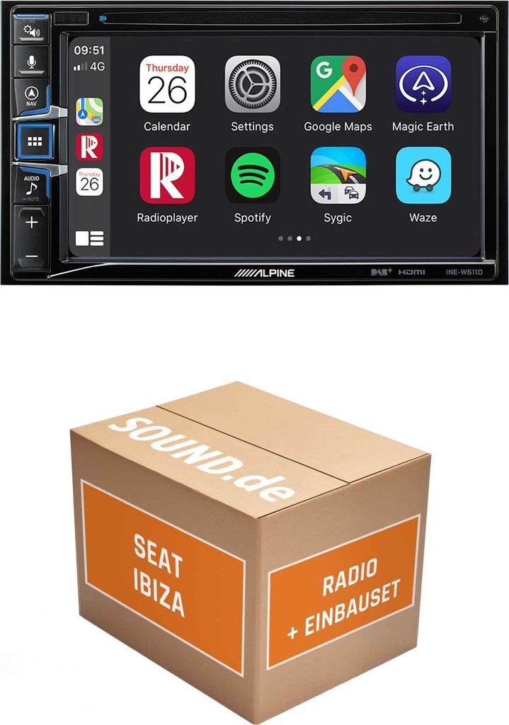 Autoradio Einbaupaket Alpine INE-W611D passend für Seat Ibiza IV 6P + MIB Radio | Navigationssystem CD-/DVD-Laufwerk