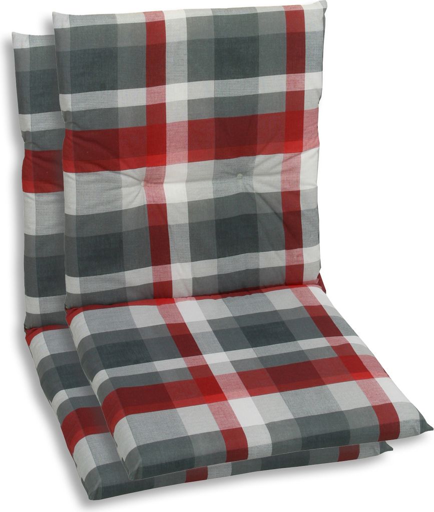 Two chair cushions with a red, gray, and white plaid pattern are stacked on top of each other.