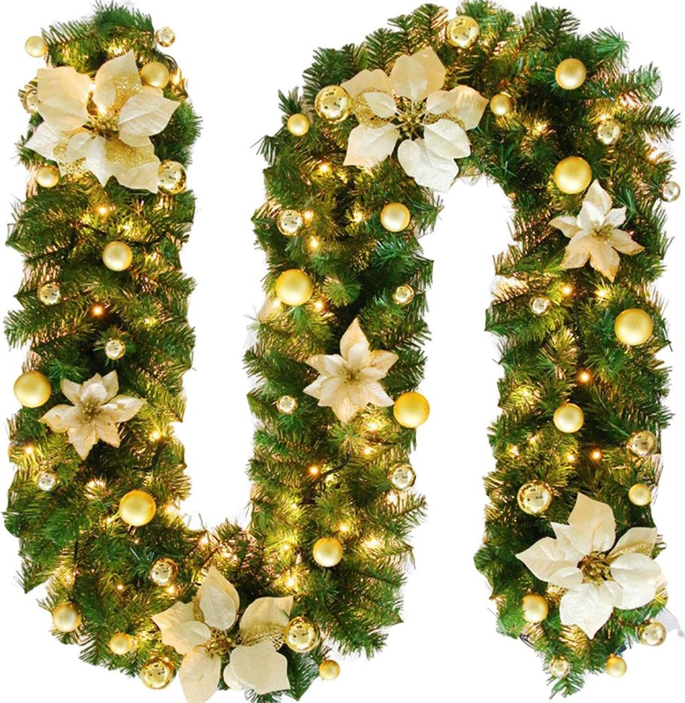 Weihnachts-Lichtergirlande, 2,7 m, Rattan, batteriebetrieben, künstliche Blumenranken, Weihnachtsdekoration
