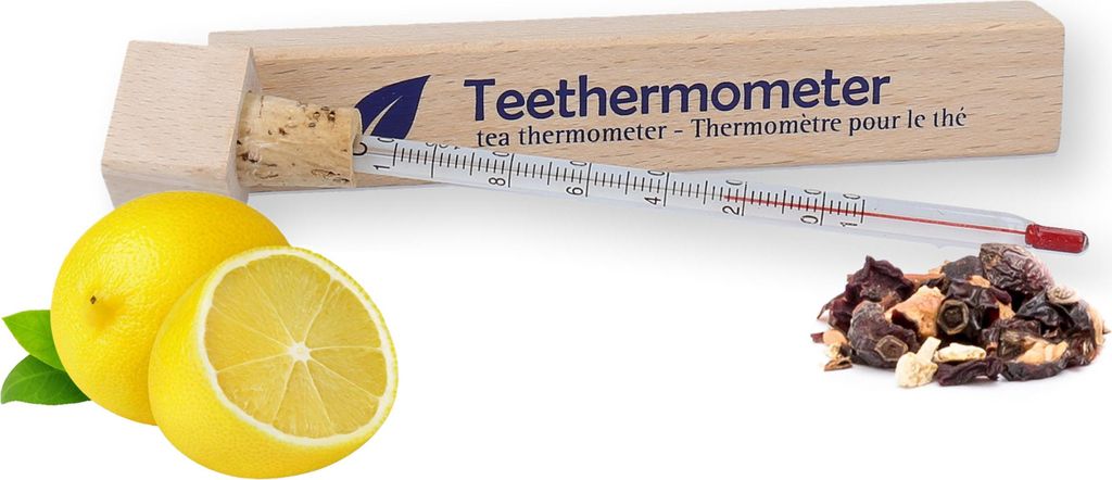 Thermomètre à thé en bois avec colonne en verre . Image du produit 