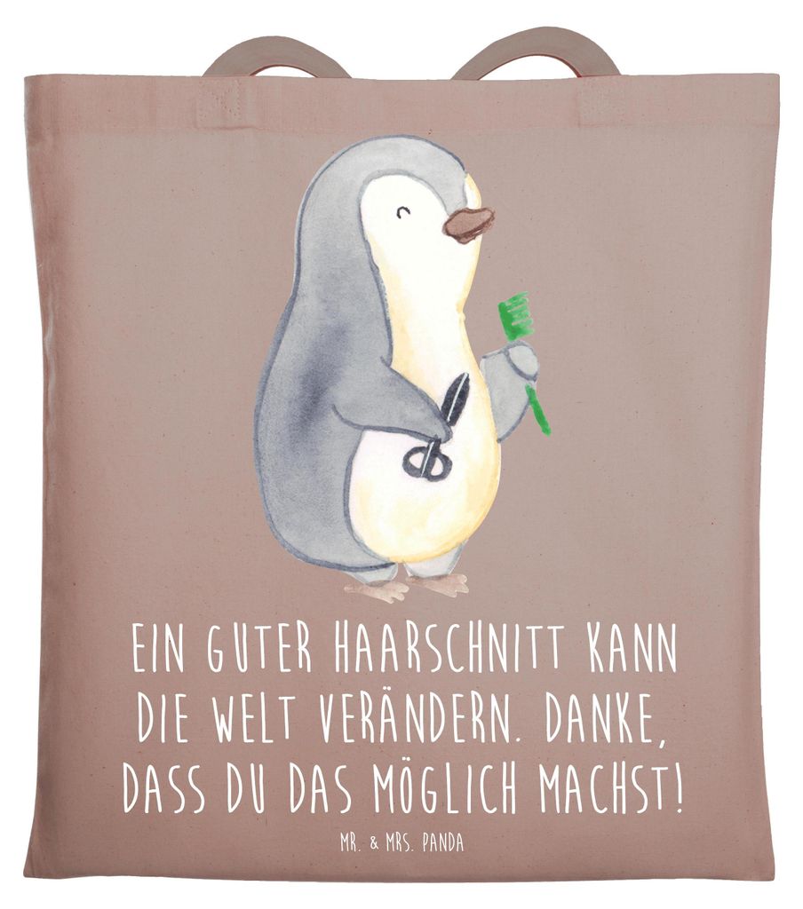 Mr. & Mrs. Panda Beutel Friseur Wunder - Braun Pastell - Geschenk, Aufmerksamkeit, Vertrauter, Freundschaft, Danke sagen, Haarschnitt, Jutetasche, ...