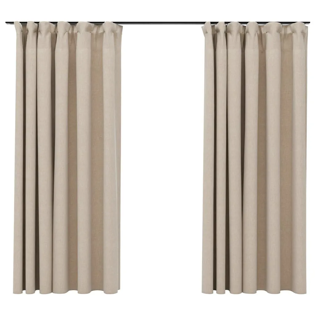 Tende Oscuranti 140x175 cm Beige Effetto Lino con Ganci - Set 2 Pezzi