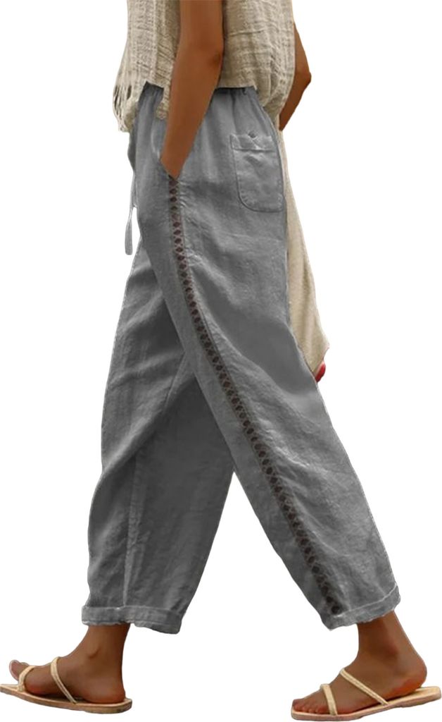 ASKSA Damen Leinenhosen 7/8 Sommer Leicht Leinen Hosen Seitliche Aushoehlen Baggy Freizeithose, Grau, Groesse: M