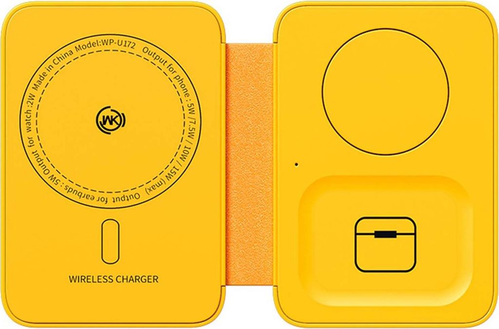 A yellow foldable wireless charger with multiple charging pads.